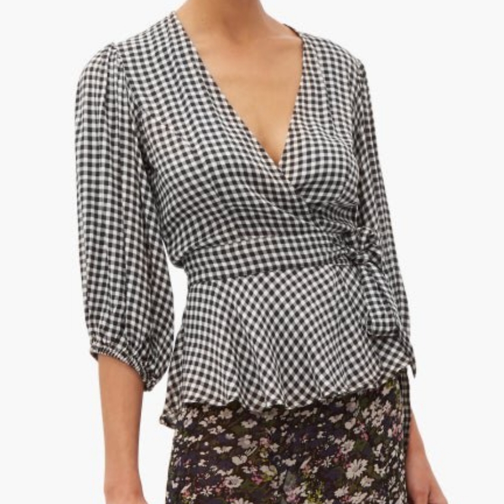 Ganni Gingham Black White Blouse Wrap Size 32 US 0